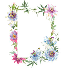 Beautiful floral frame with hand drawn watercolor passionflowers. Stock 2022 illustration.