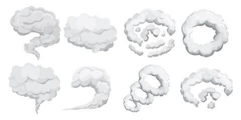 Set smoke dust explosion in cartoon style isolated on white background. Collection frame, game asset. Abstract gray cloud, gas, motion element. 
