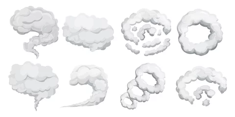 Poster Set smoke dust explosion in cartoon style isolated on white background. Collection frame, game asset. Abstract gray cloud, gas, motion element.  © Alyona