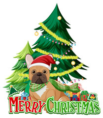 Merry Christmas font with Christmas tree and french bulldog