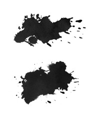 Black watercolor stain with drops, splashes, droplets