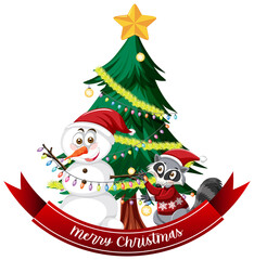 Merry Christmas text banner with Snowman and Christmas tree