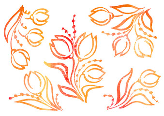 Fototapeta na wymiar Watercolor artistic multicolor Set of floral Tulip elements in the style of line art wedding theme on a white background. Doodle and scribble. red and orange Watercolour Tulips and leafs for postcard