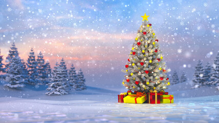 Fototapeta na wymiar Frosty and calm snow covered winter landscape and decorated Christmas tree. Xmas holiday 3D illustration background.