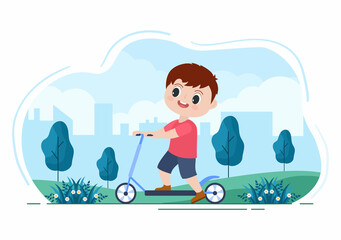 Scooter Vector Flat Illustration. People Riding Bicycle, Sports and outdoor recreational activities on Park Road or Highway are living a healthy lifestyle