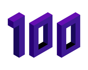 Violet number 100 in isometric style. Isolated on white background. Learning numbers, serial number, price, place.