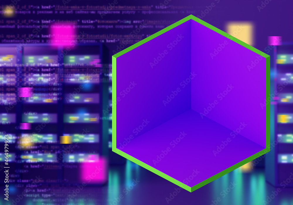 Poster server equipment. cube on background of room with servers. code letters on background of hosting ser