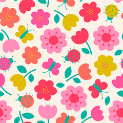 Cute hand drawn flower and insect seamless pattern background.