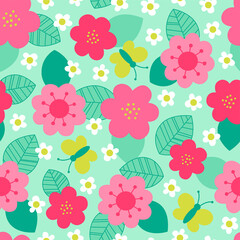 Cute hand drawn floral and butterfly seamless pattern background.