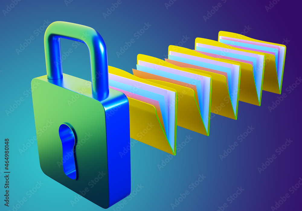 Poster online data protection concept. packs of papers and lock as metaphor for online database. data stora