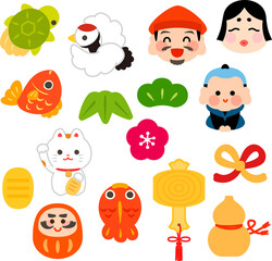 日本の縁起物のデフォルメイラストセット