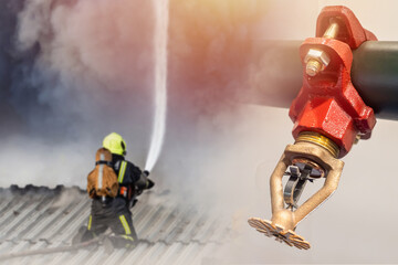 Sprinkler next to fire officer. Inter-sprinkler symbolizes fire protection equipment. Coercive measures to escape flames. Fire protection equipment. Indoor sprinkler installation. - obrazy, fototapety, plakaty