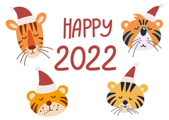 Cute Christmas tigers faces. Tigers cubs in hats. Symbol of the New Year 2022. Elements for design greeting cards, poster, card, packaging paper design. Vector cartoon Illustration.