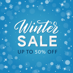 Winter sale typography poster with shiny snow and glares background. Winter Sale square banner for advertising, promo, commercial and sale design.