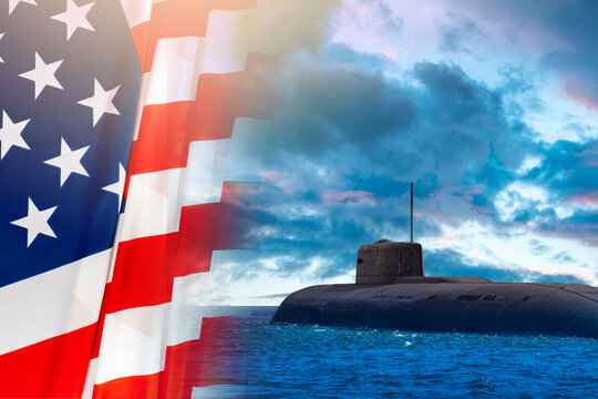 Submarine USA. Submarines USA. US Navy. American naval weapons. Nuclear submarine surfaced by United States of America. US flag next to subboat. Subboat has partially surfaced at sea.