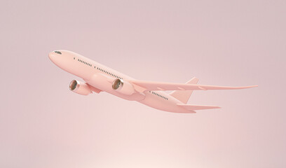 Pink airplane with cloud on pastel coral background. Airline concept travel plane passengers. Jet commercial aircraft. 3d render
