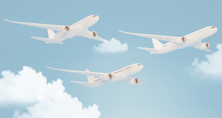 Airplane with cloud on pastel blue background. Airline concept travel plane passengers. Jet commercial aircraft. 3d render
