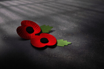 World War remembrance day. Red poppy is symbol of remembrance to those fallen in war. Red poppies on dark stone background