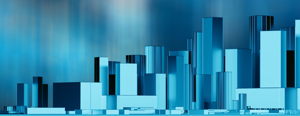 City landscape. Metropolis with turquoise glow. Panoramic background with skyscrapers. Skyline of metropolis. Downtown background. Wallpaper with abstract cities. Panoramic view of downtown. 3d image