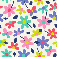 Cute hand drawn floral and butterfly seamless pattern background.