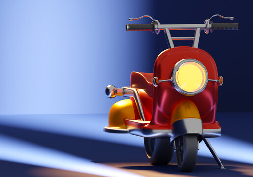 Red scooter. Scooter front view. Motoroller parked. Red retro motoroller. Place for your text. Three-dimensional vintage scooter. Red motoroller symbolizes delivery man's transport. 3d rendering.