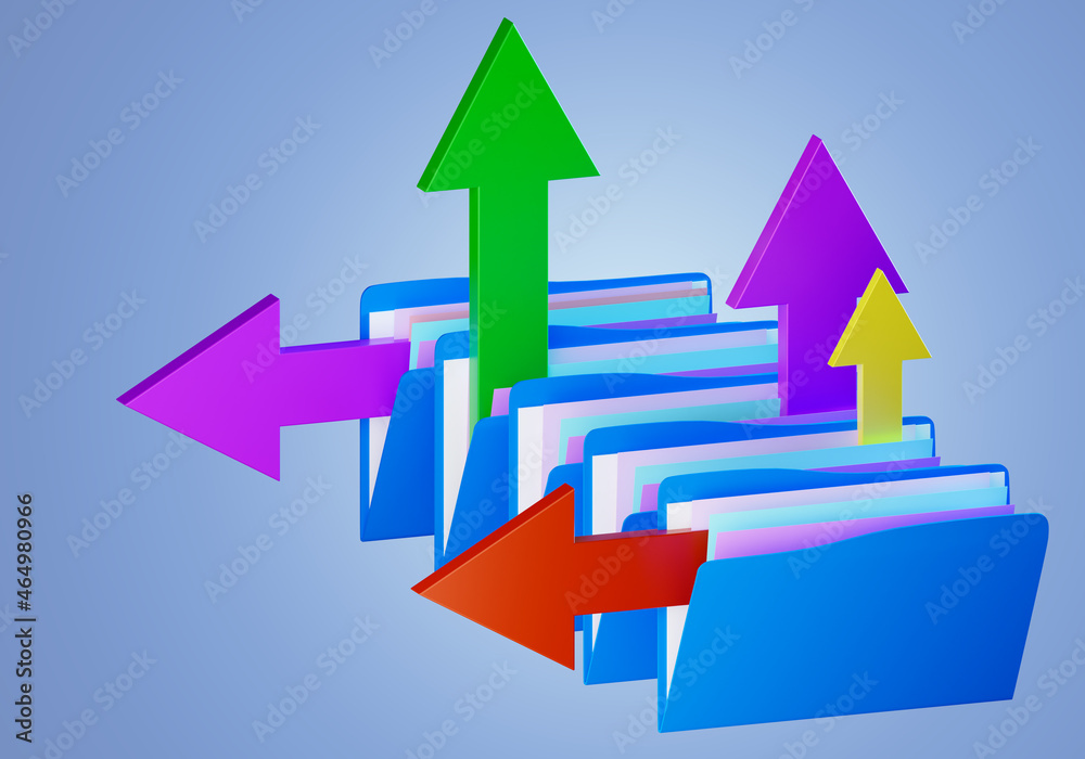 Poster data exchange technologies. folders of papers with arrows. network data exchange concept. data excha