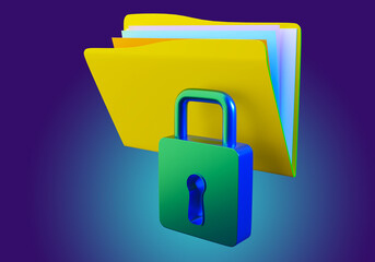 Information protection concept. Folder symbolizes storage of data. Protection of personal data. Protection of information on computer. Data warehouse security. Lock and folder of papers. 3d image.