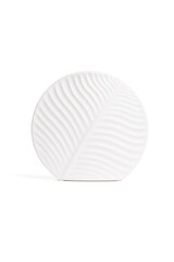 Detailed shot of the white vase. The vase has a form of circle. Surface of vase is relief. White decor item is isolated on the white background.