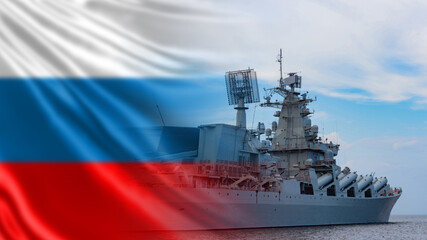 Russian Navy. Warship against background of Russian flag. Protection of maritime borders of state....