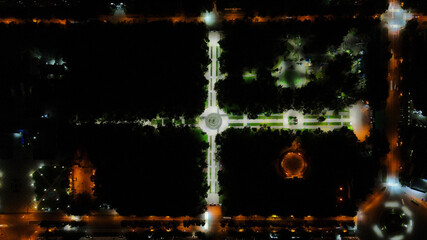 Aerial, Fountain in the Park, Russia, Night, City, Orange, Grassland, Streets, Crossroads