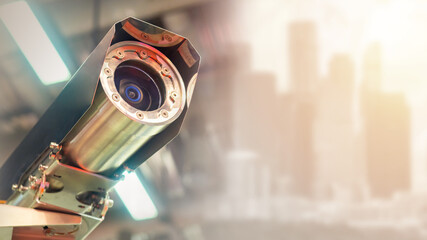 Anti-vandal surveillance camera. Industrial CCTV system. Street surveillance camera on blurred background. Concept - sale of CCTV systems. Sale of video recording equipment. Place for text © Grispb