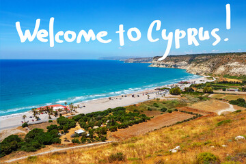 Welcome to Cyprus banner. Kourion Beach of limassol city. Kourion Beach from a bird's eye view....