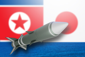 Confrontation between North Korea and Japan. Arms Race. Ballistic rocket over sea. Missile armament Japan. Balitic threat from North Korea. Military confrontation. Nuclear threat metaphor. 3d image.