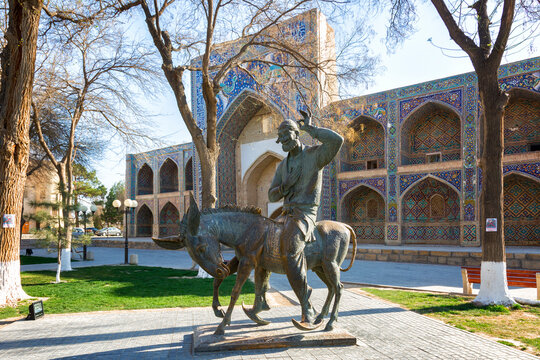 UZBEKISTAN, BUKHARA - MARCH 19, 2020: The bronze statue of Nasiruddin Khoja on his donkey located in the Lyabi-Hauz complex of central Bukhara
