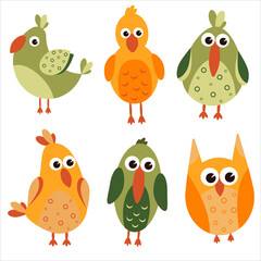 set of cute cartoon colored birds in hand drawn style vector illustration. lovely baby pictures for decor