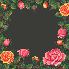 festive roses. Watercolor and colored pencil illustration