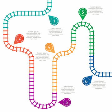 Railroad Tracks, Stations Map. Railway Route, Tracking Subway Stations Map Top View, Colorful Stairs Railways. Infographic Elements, Simple Illustration.