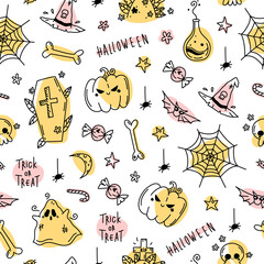 Halloween seamless pattern in hand drawn doodle style on white background. Vector stock illustration