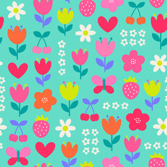 Colorful cute hand drawn floral and berry fruits seamless pattern background
