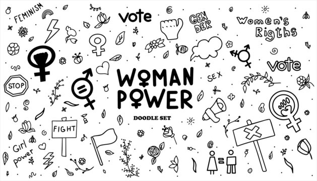 A Set Of Doodle Signs Of Feminism, Women S Rights. Grunge Hand Drawn Vector Icons Of Feminism Protest Symbol Isolated On Transparency Background. A Rally To Fight For Voting Rights