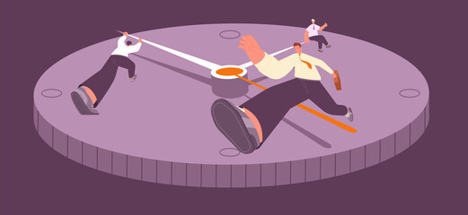 Time management concept. Business people on clock, man run, sitting and pushes arrow. Male character hurries, deadline and hard work, utter vector concept