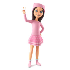 Cartoon character girl in pink clothes shows the world peace. 3d rendering.