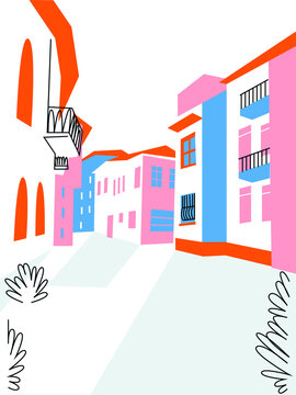 People In The Big City. Vector Cute Illustrations Of People And Families On The City Streets. Freehand Drawings For Poster, Card And Cover. Landscape City Centre With Many Building.