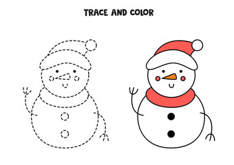 Trace and color Christmas snowman. Worksheet for kids.