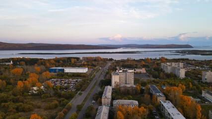 Obraz premium Aerial, City, Mountains, River, Sunset, Autumn, Islands, Mountains