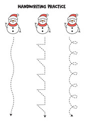 Tracing lines with cute cartoon snowmen. Writing practice.