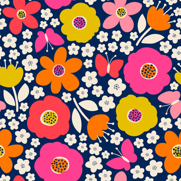 Cute hand drawn floral and butterfly seamless pattern background.