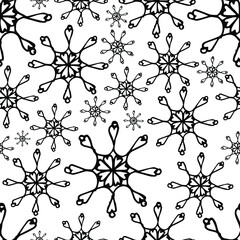 A pattern of hand-drawn snowflakes with a white background. Vector illustration with doodles. An element for greeting cards, posters, stickers and seasonal design.