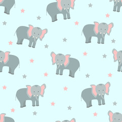 Seamless cartoon elephant pattern, vector illustration for baby print design.