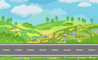 Straight asphalt road through the countryside with beautiful flower fields. vector illustration